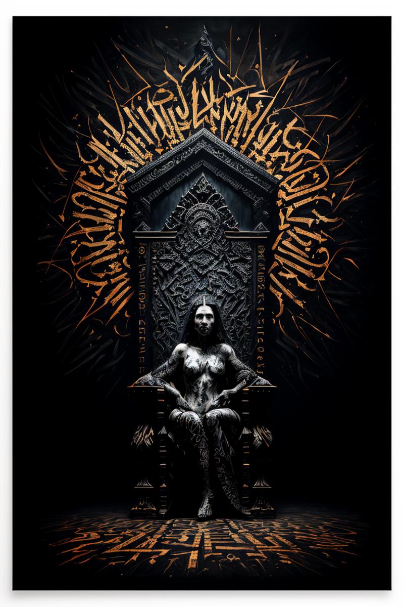 00009-398102544-0800-(dark theme_0.5), masterpiece, calligraphy art, square abstract layered lettering poster on the wall, girl on a throne, detailed.png